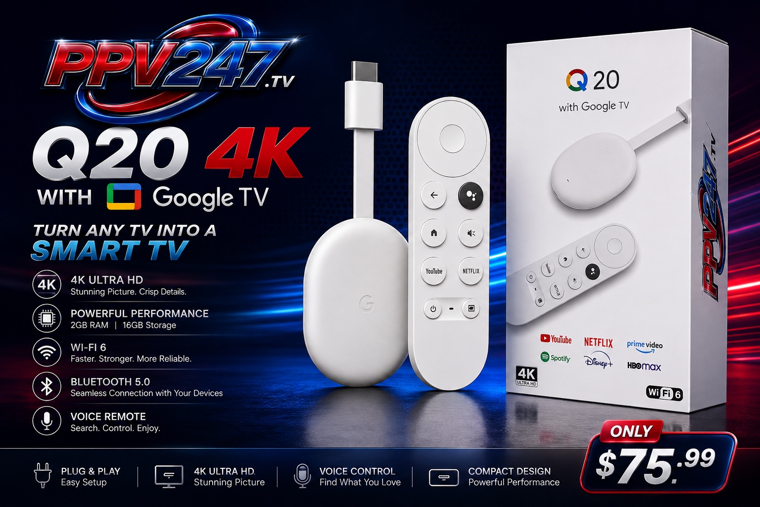 Q20 4K TV Stick with Google TV, $75.99 plus estimated shipping